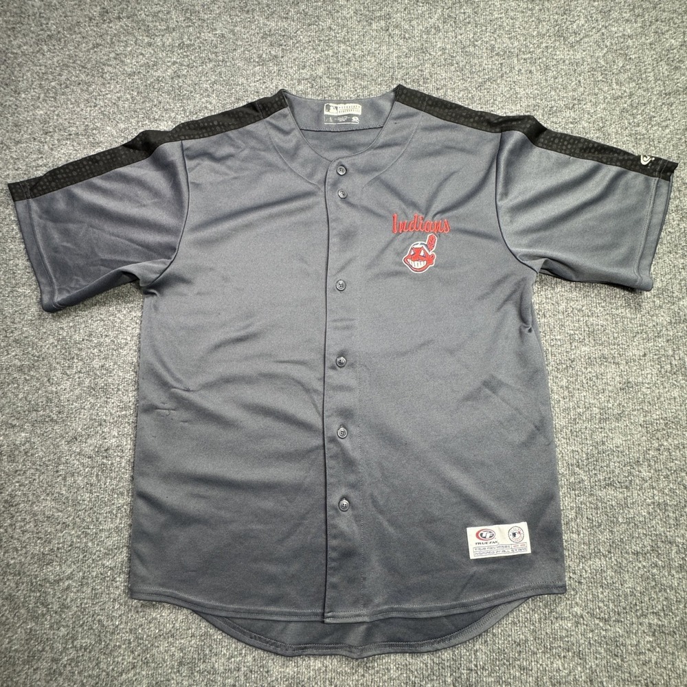 Cleveland Indians True Fan Baseball Jersey Kids L Grey Chief Wahoo Streetwear